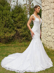 Aimishang  Trumpet/Mermaid Tulle Lace Scoop Sleeveless Court Train Wedding Dresses