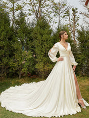 Aimishang  A-Line/Princess Satin Chiffon Ruched V-neck Long Sleeves Cathedral Train Wedding Dresses