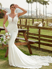 Aimishang  Sheath/Column Stretch Crepe Lace V-neck Sleeveless Cathedral Train Wedding Dresses
