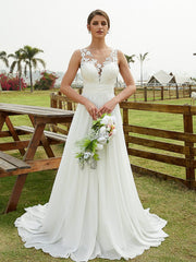 Aimishang  A-Line/Princess Chiffon Lace Scoop Sleeveless Sweep/Brush Train Wedding Dresses