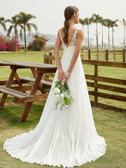 Aimishang  A-Line/Princess Chiffon Lace Scoop Sleeveless Sweep/Brush Train Wedding Dresses