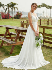 Aimishang  A-Line/Princess Chiffon Lace Scoop Sleeveless Sweep/Brush Train Wedding Dresses