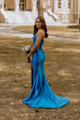 Mermaid Sweetheart Royal Blue Satin Slit Prom Dresses