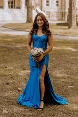 Mermaid Sweetheart Royal Blue Satin Slit Prom Dresses