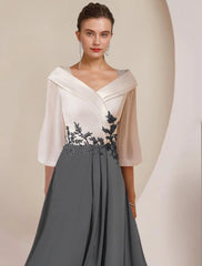 Aimishang A-Line Mother of the Bride Dress Formal Wedding Guest Elegant High Low V Neck Asymmetrical Tea Length Chiffon Lace 3/4 Length Sleeve with Pleats Appliques Color Block