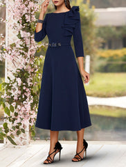 Aimishang  A-Line Mother of the Bride Dress Wedding Guest Elegant Jewel Neck Tea Length Stretch Fabric 3/4 Length Sleeve with Sash / Ribbon Side Draping Fall