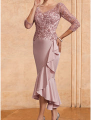 Aimishang  A-Line Mother of the Bride Dress Wedding Guest Elegant V Neck Ankle Length Stretch Fabric 3/4 Length Sleeve with Lace Ruching Solid Color