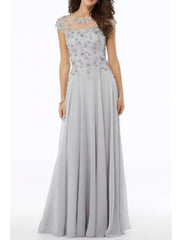 Aimishang A-Line Mother of the Bride Dress Elegant Jewel Neck Floor Length Chiffon Tulle Short Sleeve with Embroidery Appliques