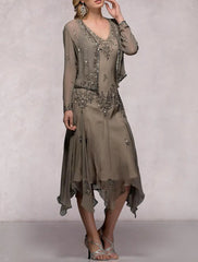 Two Piece A-Line Mother of the Bride Dress Formal Wedding Guest Elegant V Neck Tea Length Chiffon Sequined Long Sleeve Jacket Dresses with Pleats Crystals