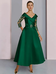 Aimishang A-Line Mother of the Bride Dress Formal Wedding Guest Elegant V Neck Tea Length Satin Lace Sequined 3/4 Length Sleeve with Bow(s) Crystal Brooch