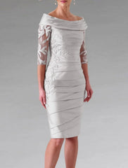 Sheath / Column Mother of the Bride Dress Wedding Guest Elegant Off Shoulder Knee Length Taffeta Half Sleeve with Appliques Ruching