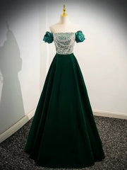 A-Line Velvet Sequin Beads Green Long Prom Dress Evening Dress Elegant