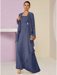 Aimishang  A-Line Mother of the Bride Dress Wedding Guest Elegant Square Neck Ankle Length Chiffon Long Sleeve with Crystal Brooch Ruching