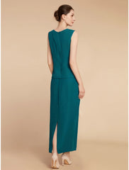 Aimishang  Sheath / Column Mother of the Bride Dress Wedding Guest Elegant Simple Jewel Neck Ankle Length Chiffon Long Sleeve with Split Front Ruching Solid Color