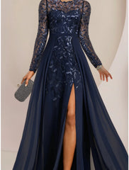 Aimishang A-Line Mother of the Bride Dress Wedding Guest Elegant Jewel Neck Floor Length Chiffon Lace Sequined Long Sleeve with Split Front Ruching Solid Color