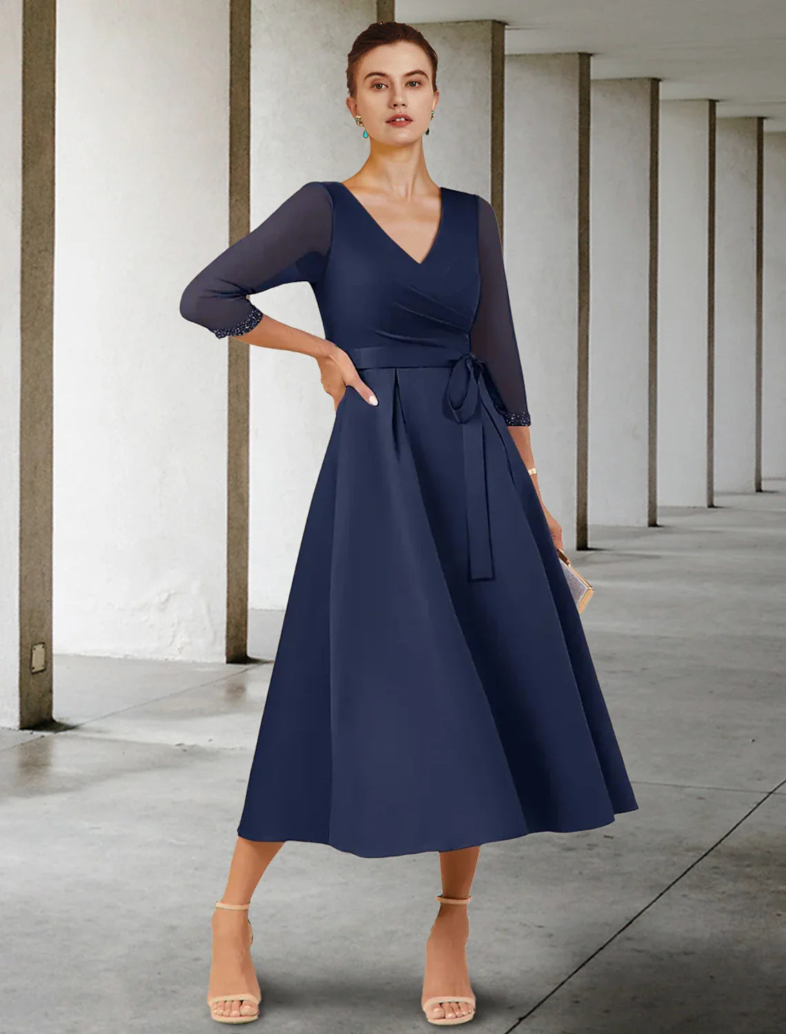 Aimishang  A-Line Mother of the Bride Dress Wedding Guest Elegant Petite V Neck Tea Length Stretch Chiffon 3/4 Length Sleeve with Bow(s) Crystals Ruching