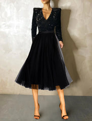 Wholesale Ball Gown A-Line Cocktail Dress Red Green Dresses Vintage Dress Evening Party Cocktail Party Tea Length Long Sleeve Jewel Neck Fall Wedding Guest Tulle with Sequin