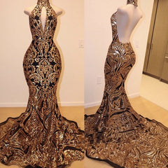 High Neck Halter Mermaid Prom Dress with Gold Appliques