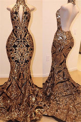 High Neck Halter Mermaid Prom Dress with Gold Appliques