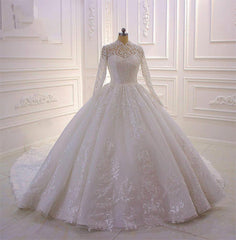 High-Neck Long Sleeve Ball Gown with Ruffles, Appliques, and Lace