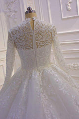High-Neck Long Sleeve Ball Gown with Ruffles, Appliques, and Lace