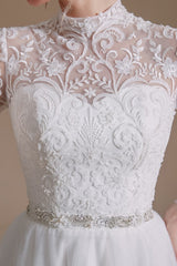 High Neck Long Sleeves Modest A-line Wedding Dress with Tulle Lace