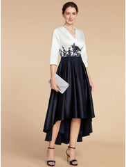 Aimishang  A-Line Mother of the Bride Dress Wedding Guest Elegant Petite V Neck Asymmetrical Satin Lace Half Sleeve with Ruching