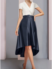 Aimishang A-Line Mother of the Bride Dress Wedding Guest Elegant Petite V Neck Asymmetrical Satin Short Sleeve with Ruching