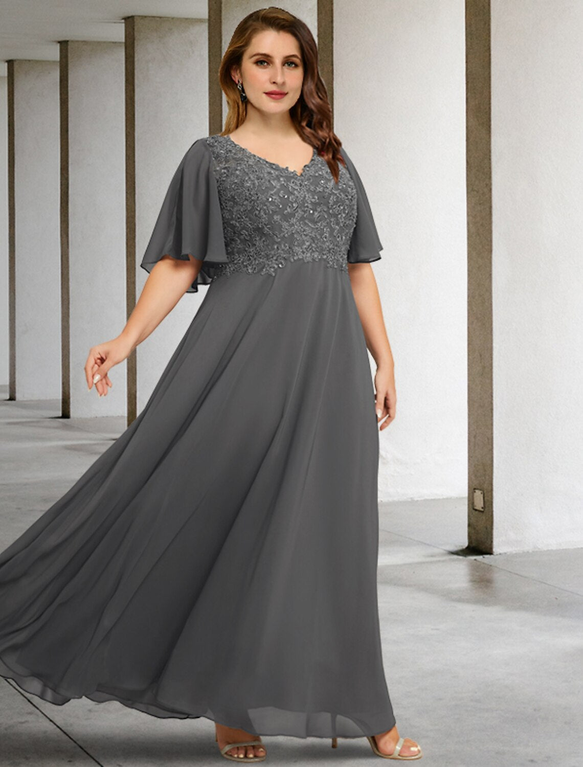 Aimishang A-Line Mother of the Bride Dresses Plus Size Hide Belly Curve Elegant Dress Formal Floor Length Short Sleeve V Neck Chiffon with Pleats Appliques