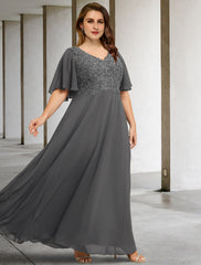 Aimishang A-Line Mother of the Bride Dresses Plus Size Hide Belly Curve Elegant Dress Formal Floor Length Short Sleeve V Neck Chiffon with Pleats Appliques