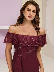 Plus Size Curve Mother of the Bride Dress Wedding Guest Party Elegant Off Shoulder Floor Length Chiffon Lace Short Sleeve with Sequin