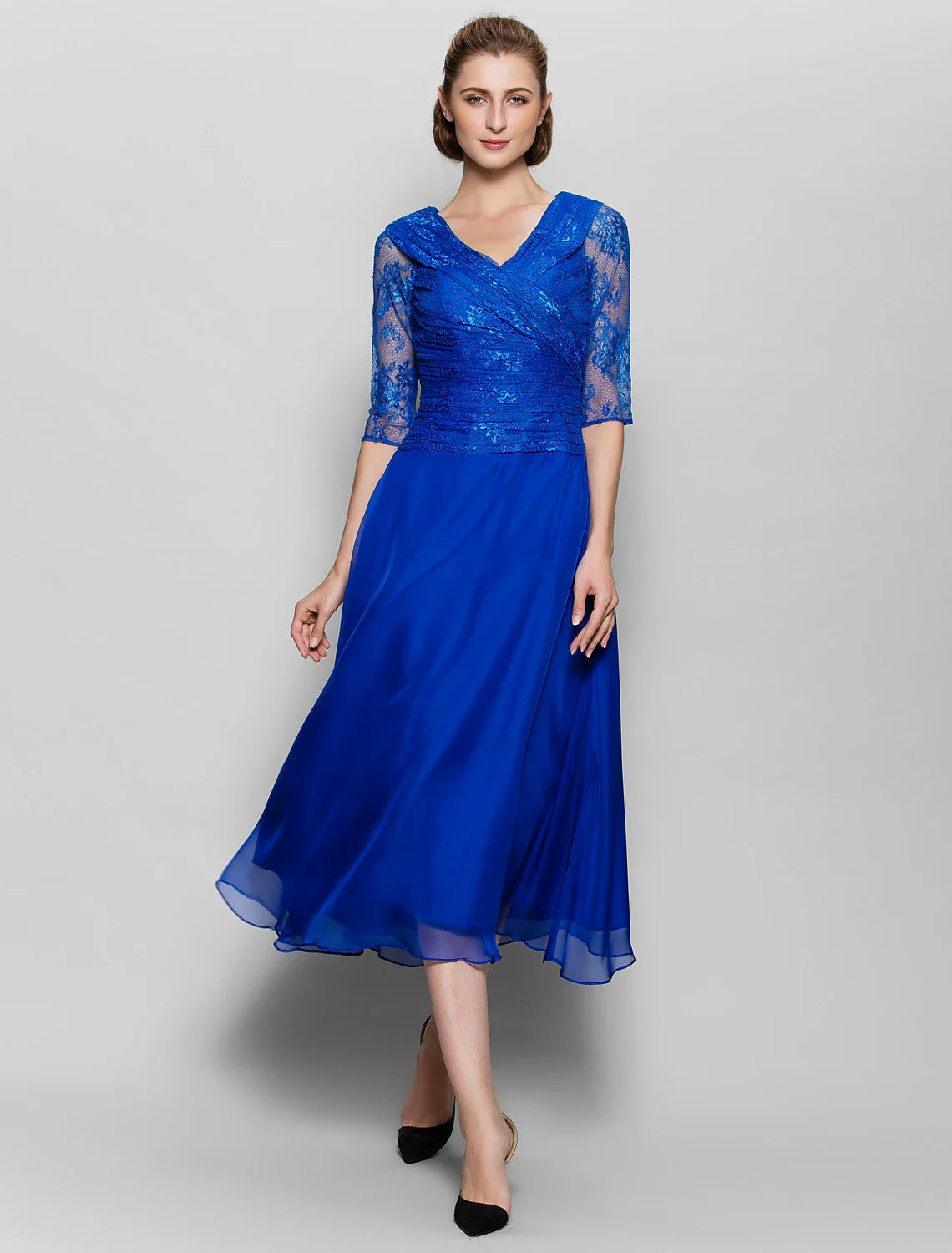 Aimishang  A-Line Mother of the Bride Dress Plus Size Elegant V Neck Tea Length Chiffon Lace Half Sleeve No with Lace Criss Cross Ruched