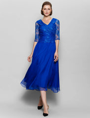Aimishang  A-Line Mother of the Bride Dress Plus Size Elegant V Neck Tea Length Chiffon Lace Half Sleeve No with Lace Criss Cross Ruched