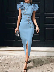 Sheath / Column Cocktail Dresses Elegant Dress Fall Wedding Guest Dress Formal Ankle Length Sleeveless High Neck  Fabric with Slit Appliques 2025
