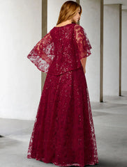 Aimishang A-Line Mother of the Bride Dress Plus Size Hide Belly Elegant Jewel Neck Floor Length Lace Half Sleeve No with Sequin Appliques