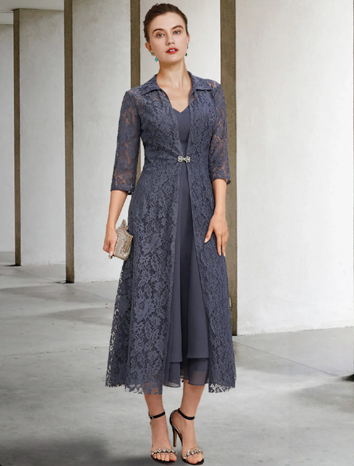 Aimishang  A-Line Mother of the Bride Dress Elegant V Neck Tea Length Chiffon Lace Sleeveless Jacket Dresses with Tier Solid Color