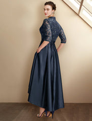 Aimishang  A-Line Mother of the Bride Dress Plus Size Elegant High Low Shirt Collar Asymmetrical Tea Length Satin Lace Half Sleeve with Pleats Sequin Appliques