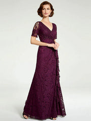 Sheath / Column Mother of the Bride Dress V Neck Floor Length Lace Short Sleeve with Lace Beading