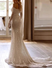 Aimishang Formal Wedding Dresses Mermaid / Trumpet Off Shoulder Long Sleeve Chapel Train Sequined Bridal Gowns With Pleats Solid Color