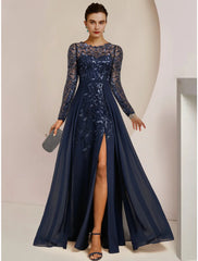 Aimishang A-Line Mother of the Bride Dress Wedding Guest Elegant Jewel Neck Floor Length Chiffon Lace Sequined Long Sleeve with Split Front Ruching Solid Color