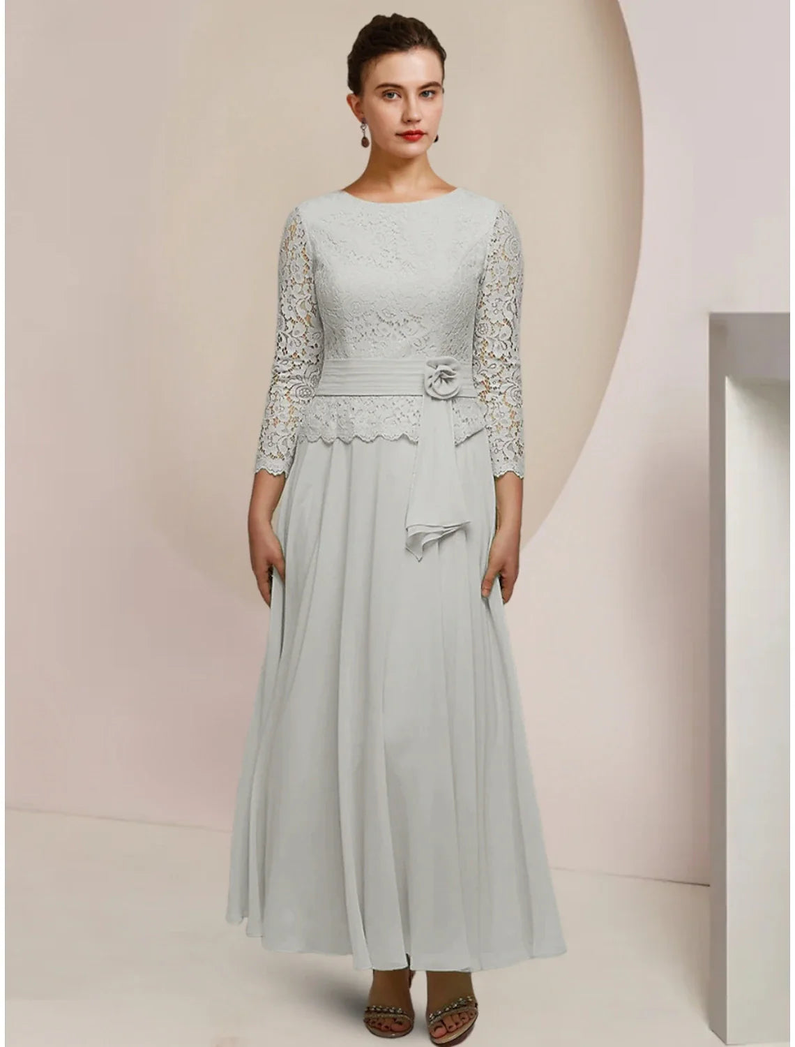 Aimishang A-Line Mother of the Bride Dress Wedding Guest Elegant Jewel Neck Ankle Length Chiffon Long Sleeve with Lace Pleats Appliques