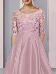 Aimishang  A-Line Mother of the Bride Dress Formal Wedding Guest Party Elegant High Low Scoop Neck Asymmetrical Tea Length Satin Lace Half Sleeve with Pleats Beading Appliques
