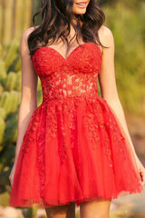 A line Sweetheart Lace Sticker Red Short Homecoming Dress