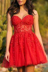 A line Sweetheart Lace Sticker Red Short Homecoming Dress