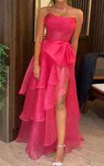 Sweet Pink Bow Tiered Slit Party Dress Long Formal Dresses