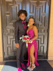 Classy Hot Pink Sequin Prom Dress High Slit Graduation Dresses
