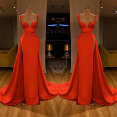 Hot Red Sheath Side Slit Straps Ruffles Prom Dress