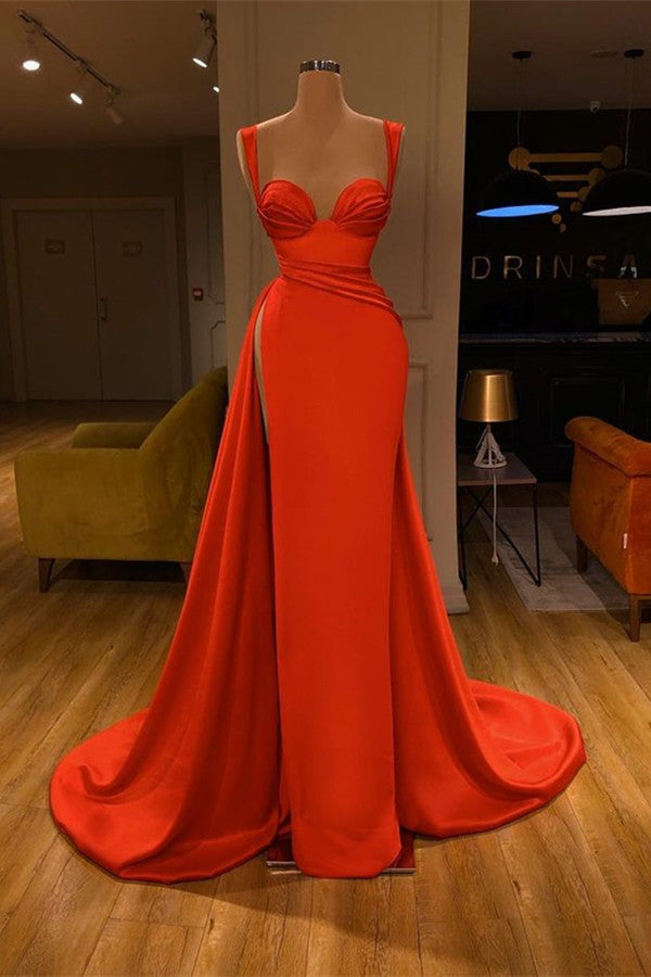 Hot Red Sheath Side Slit Straps Ruffles Prom Dress