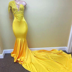 Hot Yellow One Shoulder Mermaid Appliques Fashion Prom Dress