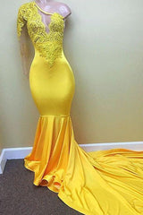 Hot Yellow One Shoulder Mermaid Appliques Fashion Prom Dress